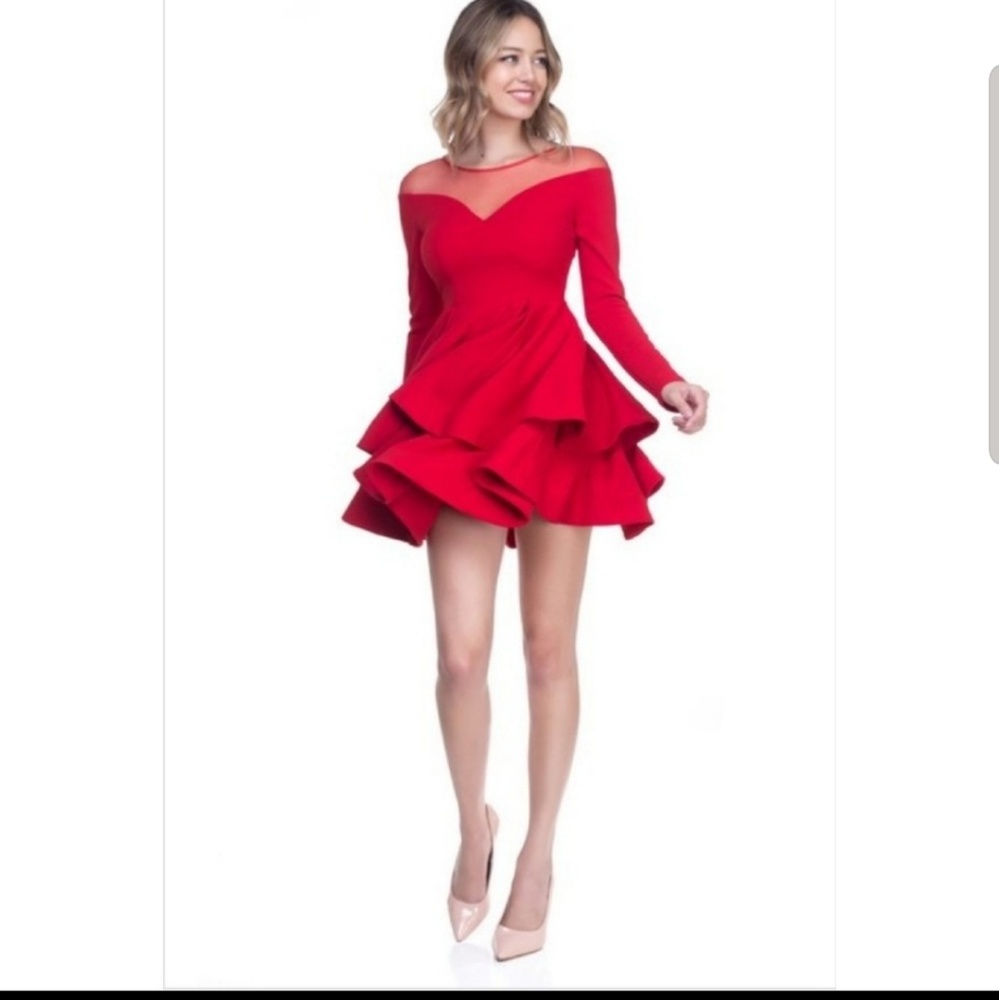 New Red Ruffle Skirt Flare Dress